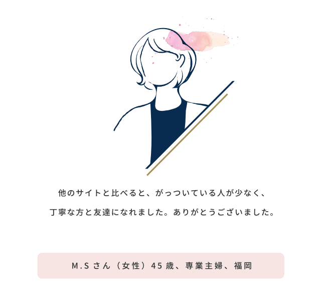 他のサイトと比べると、がっついている人が少なく、丁寧な方と友達になれました。ありがとうございました/
										M.Sさん（女性）45歳、専業主婦、福岡