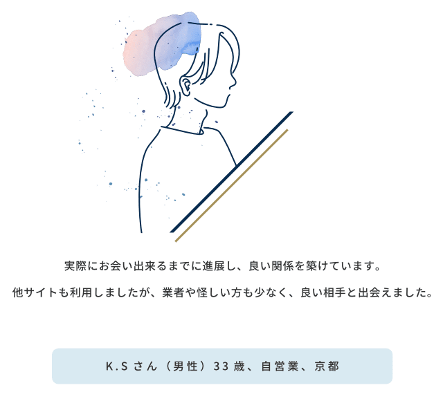 実際にお会い出来るまでに進展し、良い関係を築けています。他サイトも利用しましたが、業者や怪しい方も少なく、良い相手と出会えました／K.Sさん（男性）33歳、自営業、京都